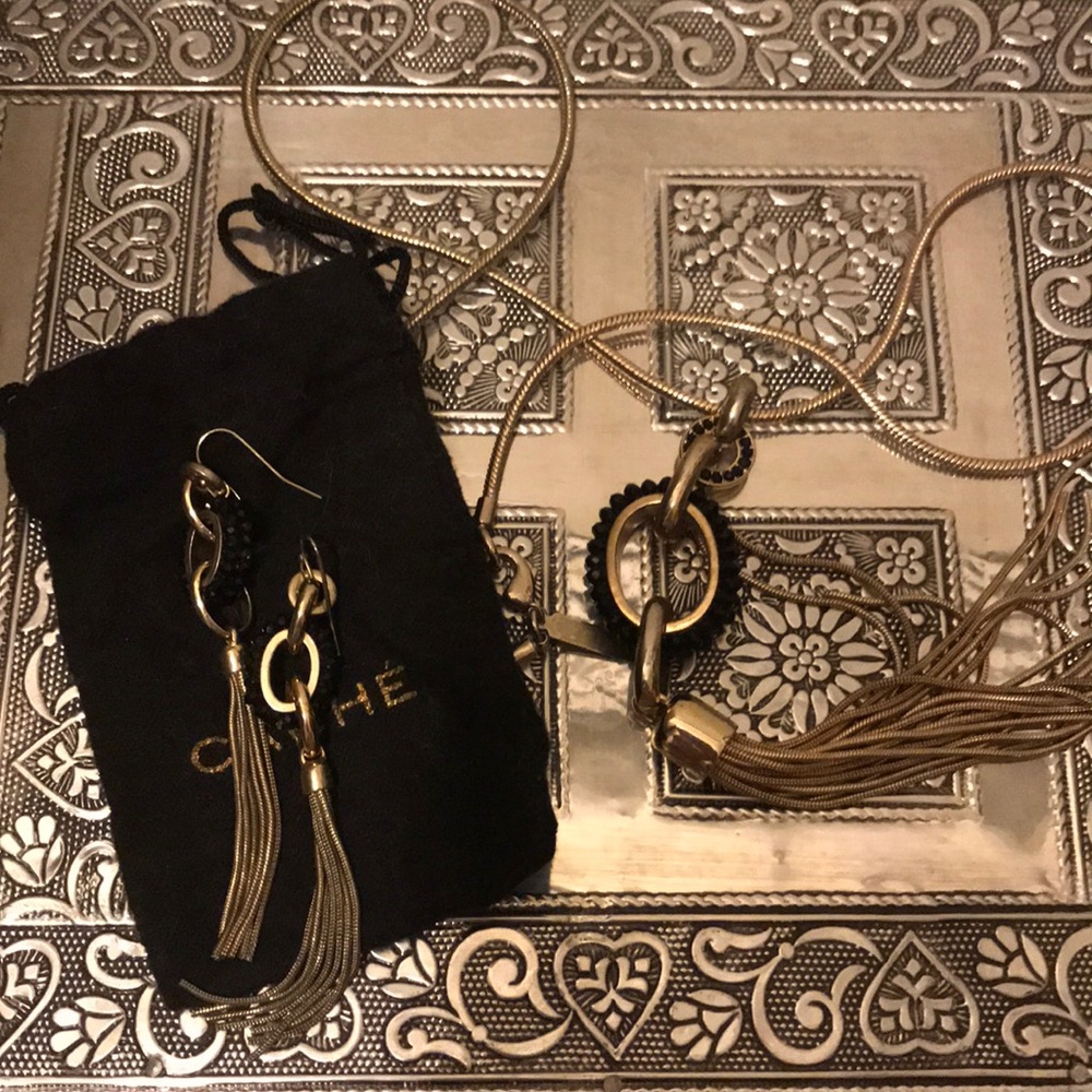 CACHE gold and black earring and necklace set